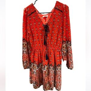 Gianni Bini Fire Orange Boho Western Tasseled Long Sleeved Mini Dress Size Large